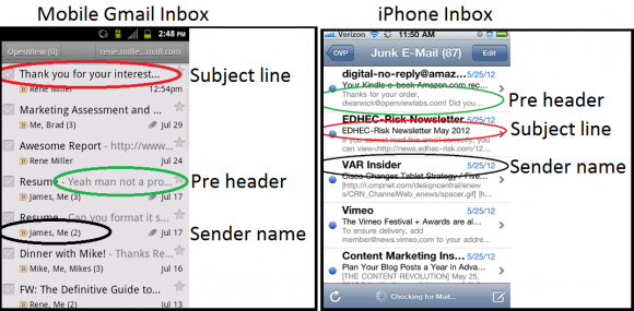 Mobile inbox screen shots
