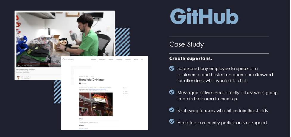 GitHub Case Study of how they create super fans by: sponsoring employees to speak at events and conferences; messaging active users directly, sending swag, and hiring community participants to the team 