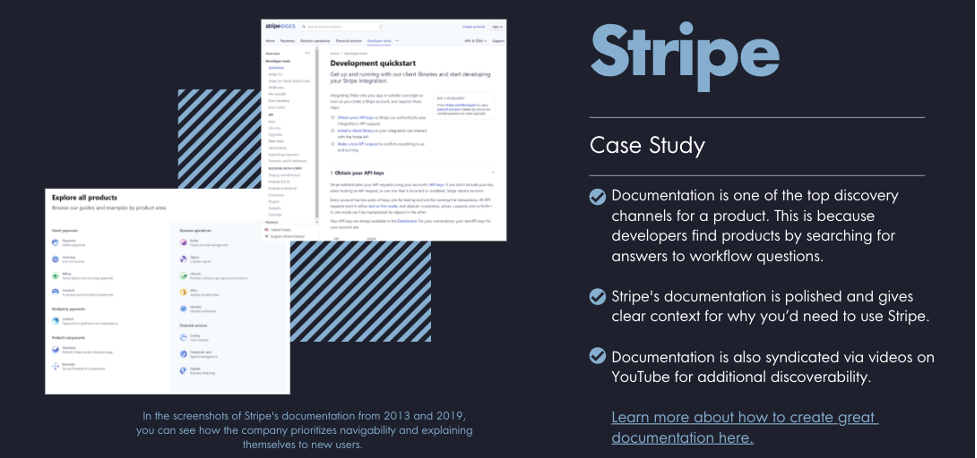 Stripe case study of how they maintain community through detailed documentation of their API-focused developer tools. 