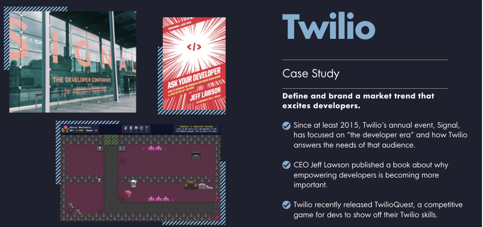 Twilio mini case study capturing how the company uses innovative brand activations (like a custom video game) to maintain user interest.
