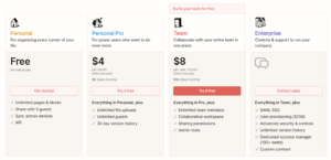 Screenshot of Notion’s pricing page