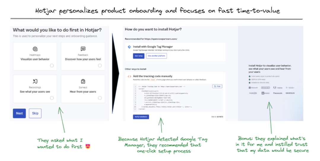 Screenshot of Hotjar's product guidance for a first-time user.