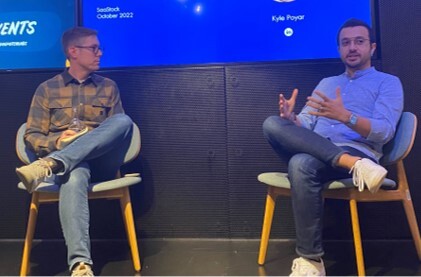 Left to right: Kyle Poyar of OpenView speaks with CEO of Hotjar, Mohannad Ali, at SaaStock in Dublin 2022 about Hotjar's success as a PLG company.