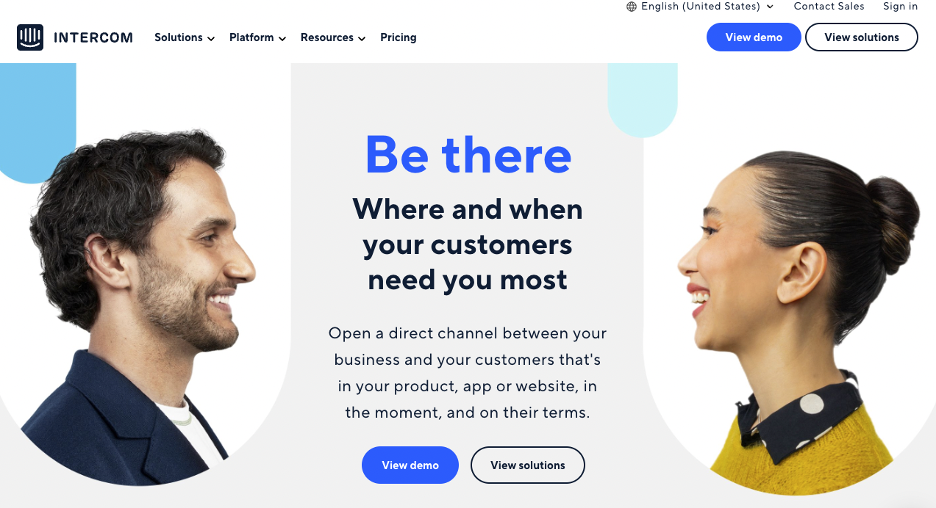 a screencap of intercom's successful product positioning, where they use people in side profile views looking at each other and talking.