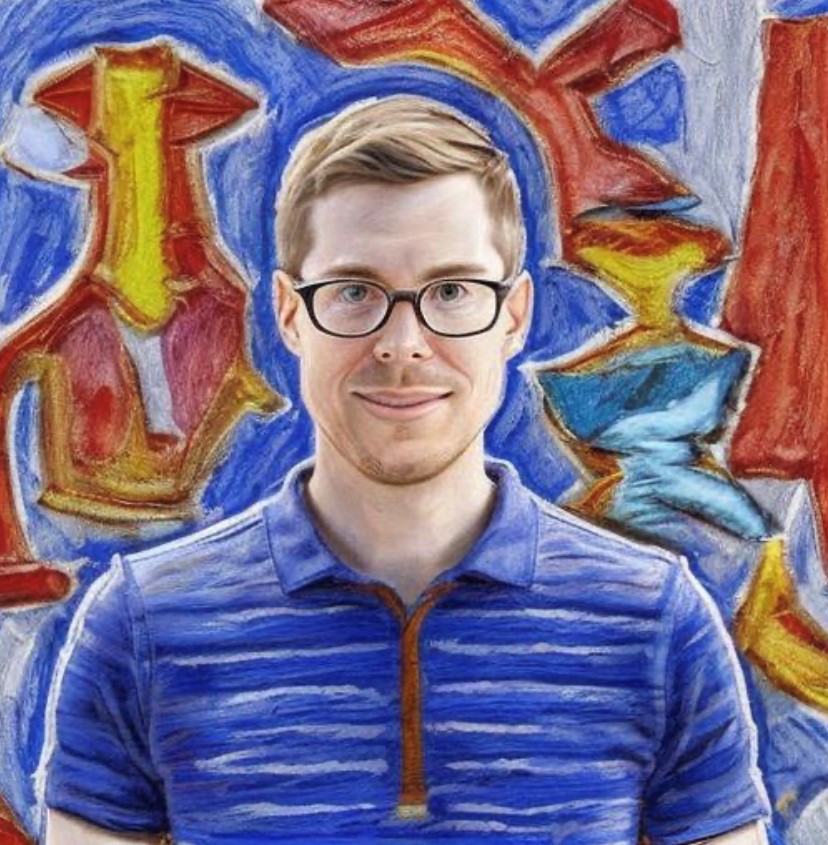 An AI-generated image of a blond-haired man with glasses and a blue jacket with an abstract picasso-esque background.