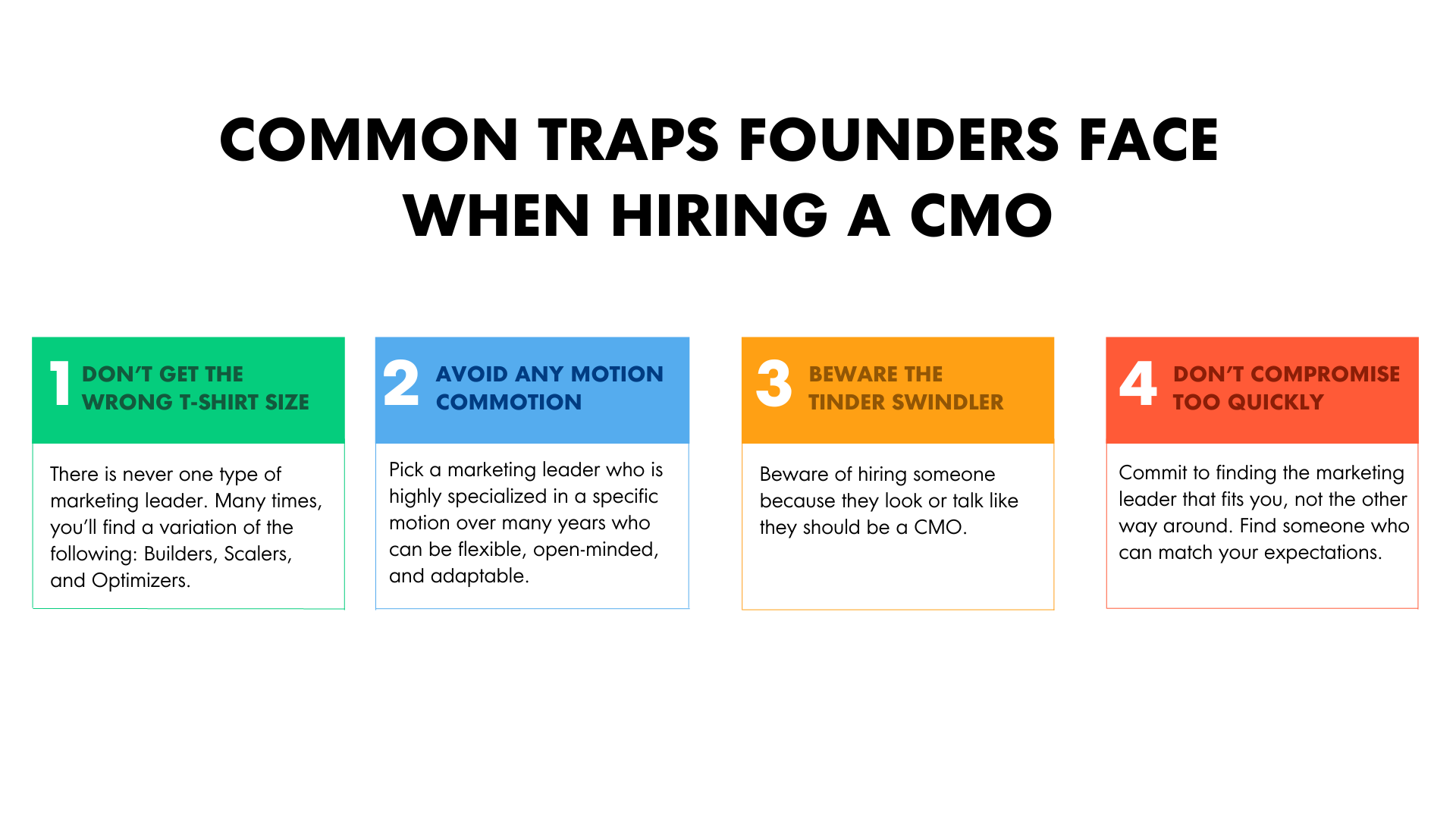 Infographic that shares common traps founders might face when hiring a chief marketing officer based on compromise, avoiding charmers, highly specialized CMOs, and wanting to find someone who can do it all.