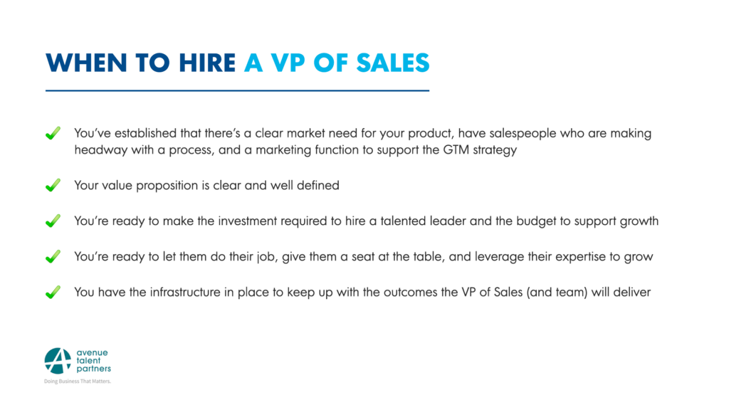 Infographic on when to hire a VP of sales for a startup.