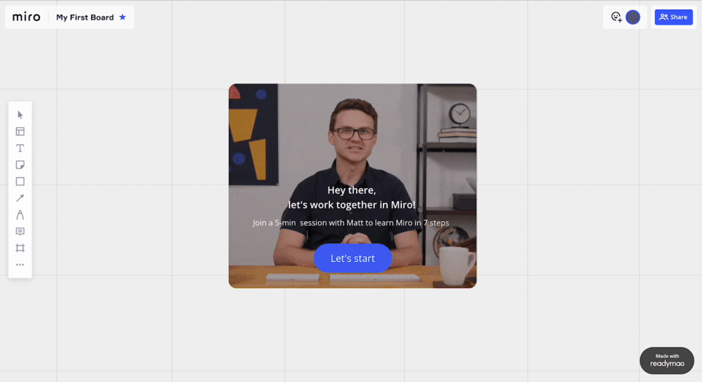 GIF showing the final product for Miro's robo-collaboration experience in their product onboarding.